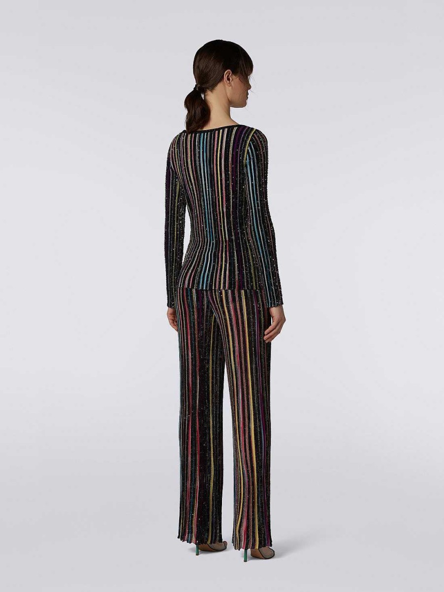 Kvinder Missoni Strik | Langaermet Ribstrikket Sweater Med Pailletter Sort Og Flerfarvet