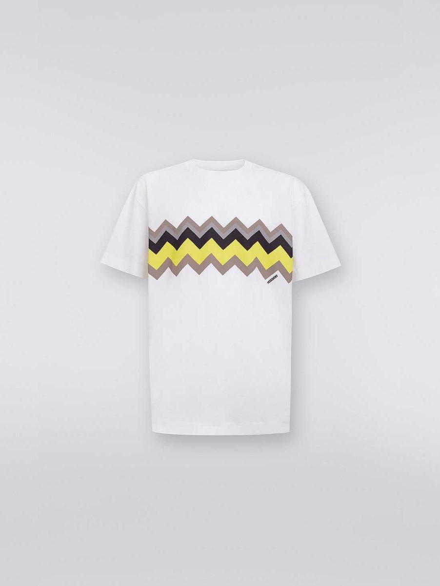 Maend Missoni Poloer Og T-Shirts | Zigzag T-Shirt I Bomuldsjersey Med Rund Hals Hvid, Gul Og Gra