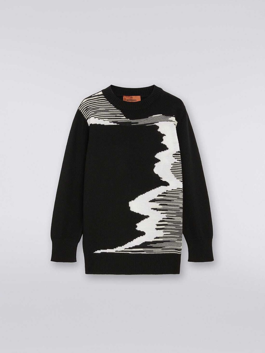 Dreng (4-14 Ar) Missoni | Sweater Med Rund Hals I Ren Jomfru Uld Sort Hvid