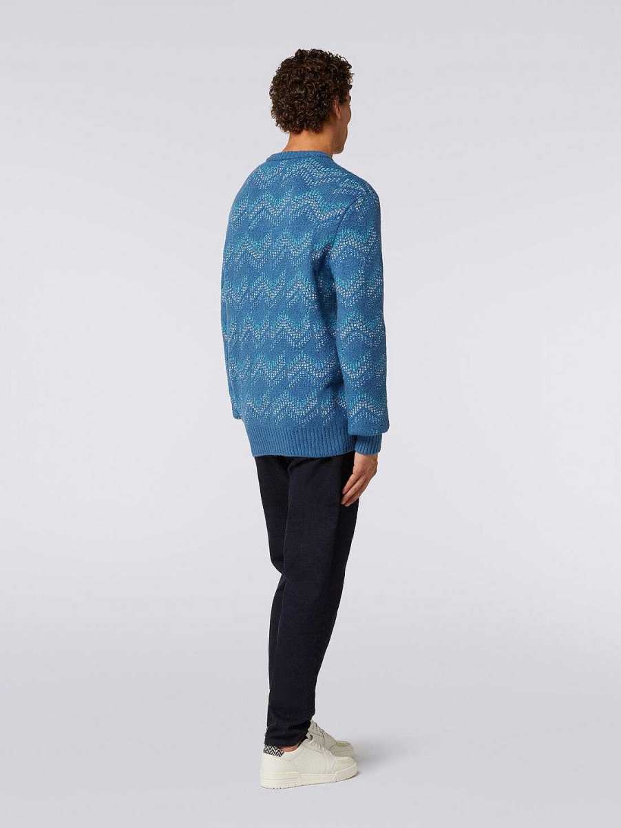 Maend Missoni Strik | Sweater Med Rund Hals I Bomuldsblanding Med Zigzag-Monster Hvid & Marinebla