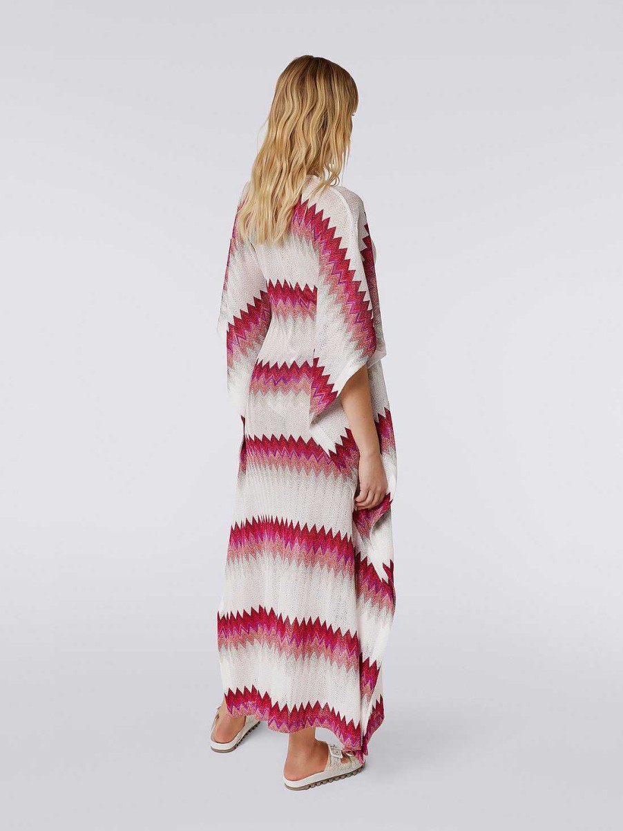 Kvinder Missoni Strandtoj | Lang Viskose Kaftan Daekke Op Med Zigzag Og Lame Hvid, Pink & Fuchsia