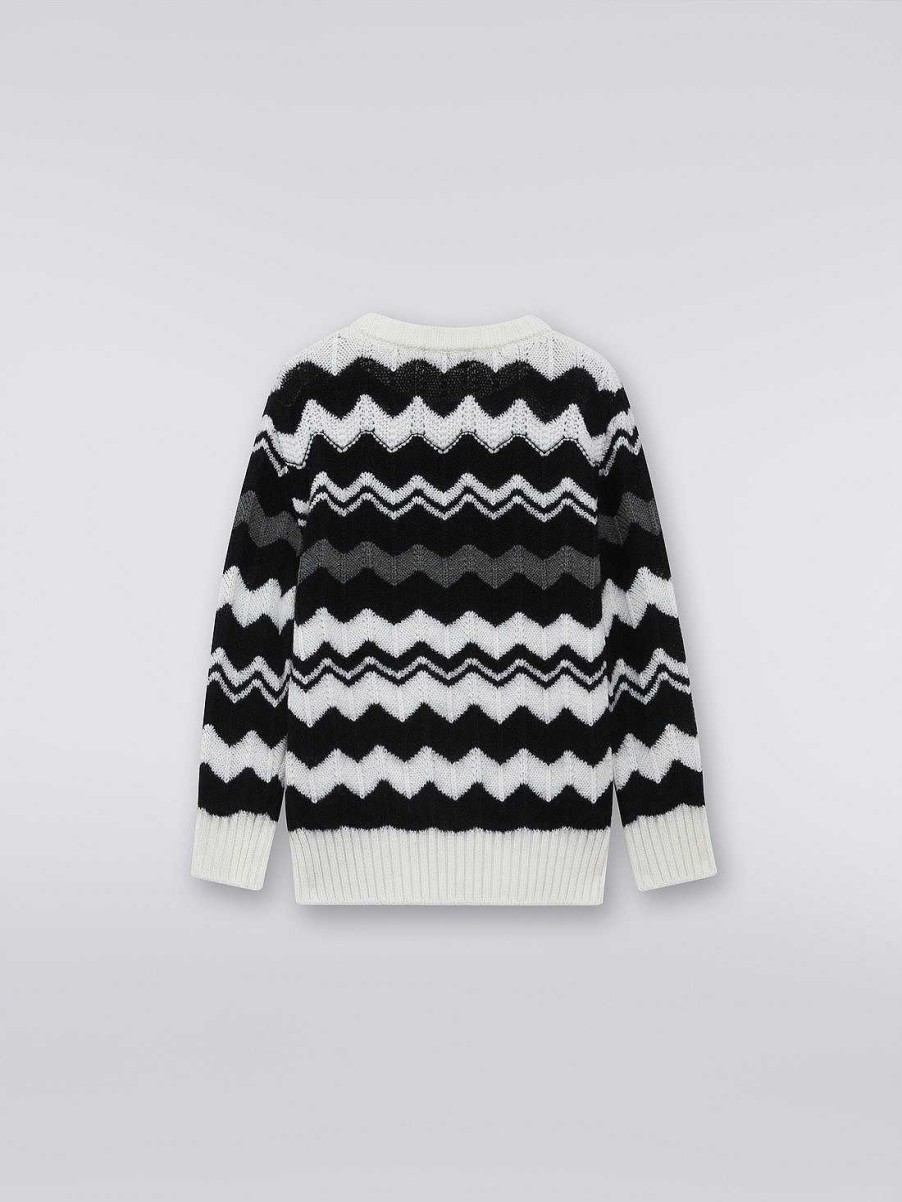 Pige (4-14 Ar) Missoni | Zigzag Uld Sweater Med Rund Hals Sort Hvid