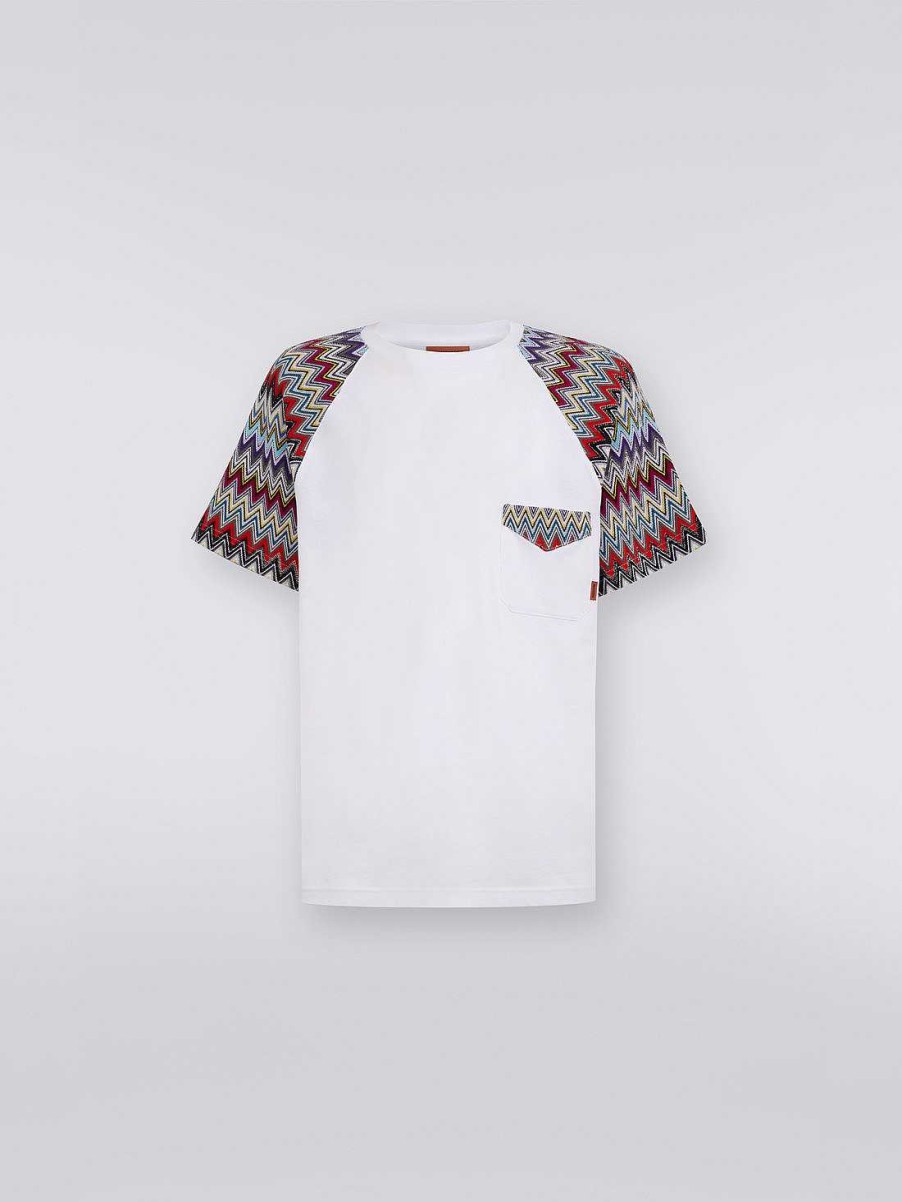 Maend Missoni Poloer Og T-Shirts | T-Shirt Med Rund Hals I Bomuld Med Strikkede Indlaeg Hvid