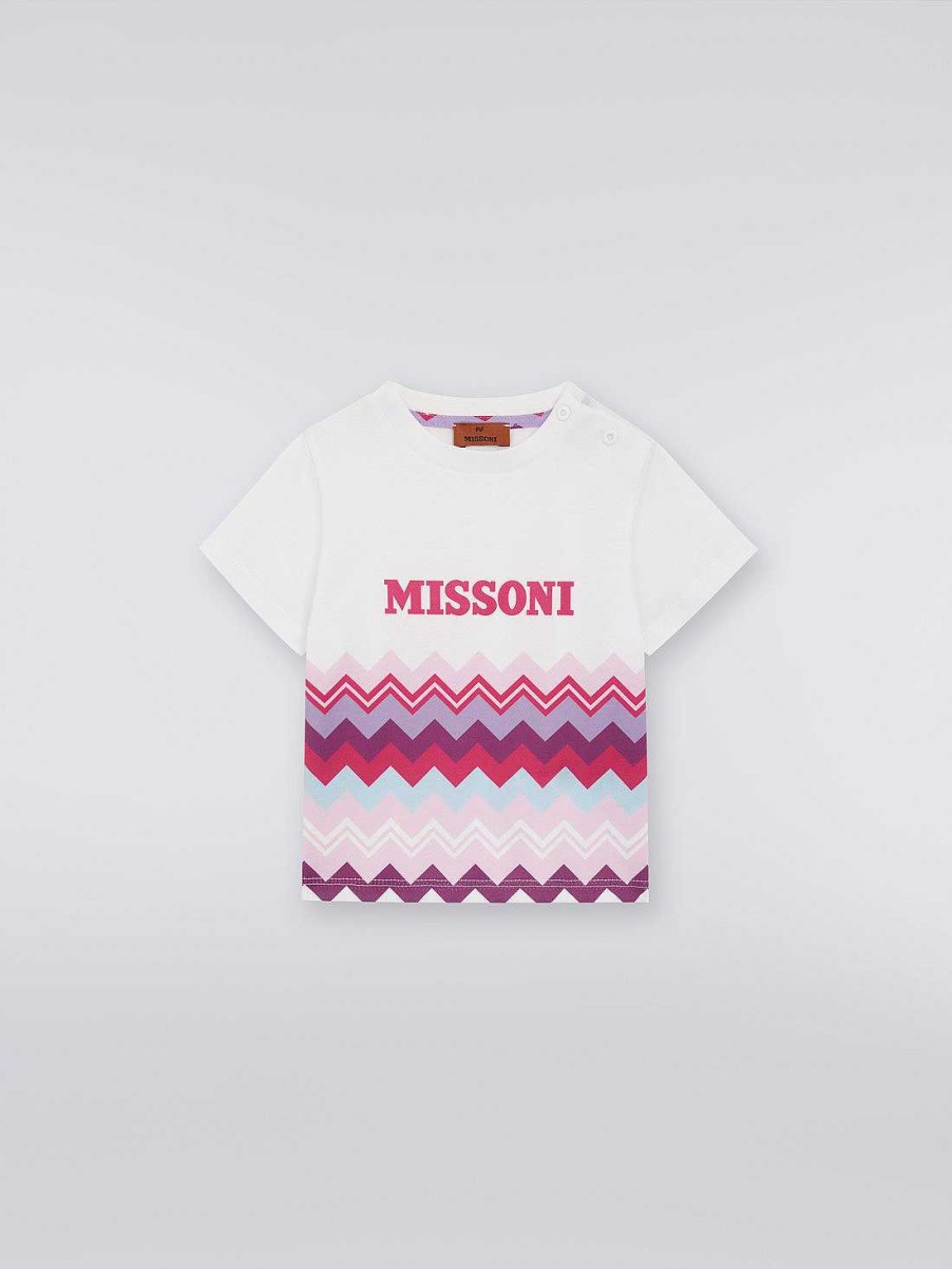 Pige (4-14 Ar) Missoni | Kortaermet T-Shirt I Bomuld Med Zigzag Og Logo Hvid