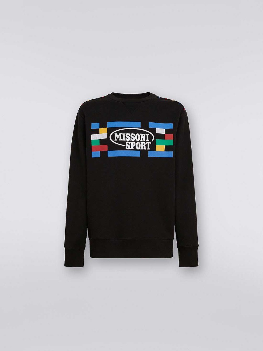 Maend Missoni Toj | Sweatshirt I Bomuld Med Rund Hals, Legacy-Logo Og Strikkede Kanter Sort Og Flerfarvet