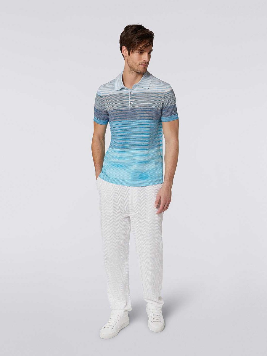 Maend Missoni Poloer Og T-Shirts | Degrade Stribet Kortaermet Poloshirt I Bomuld Hvid & Lysebla