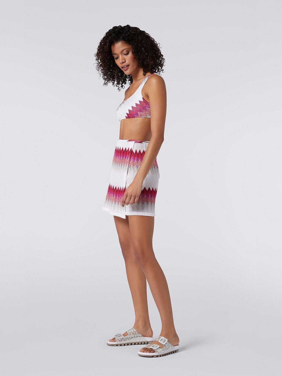 Kvinder Missoni Strandtoj | Sarong Miniskort Daekke Op Med Lame Zigzag Hvid, Pink & Fuchsia