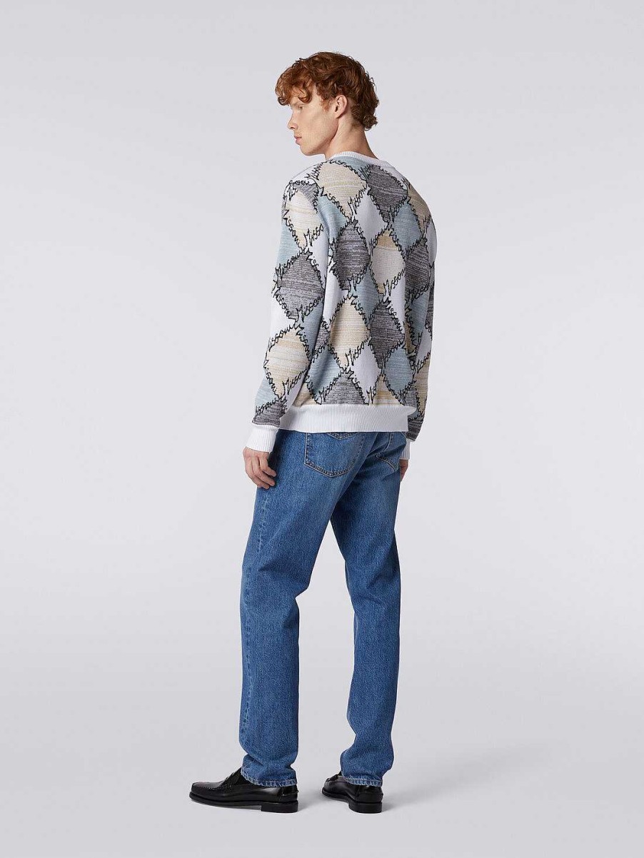 Maend Missoni Strik | Pullover Med Rund Hals I Diamantbomuld Med Logobogstaver Beige