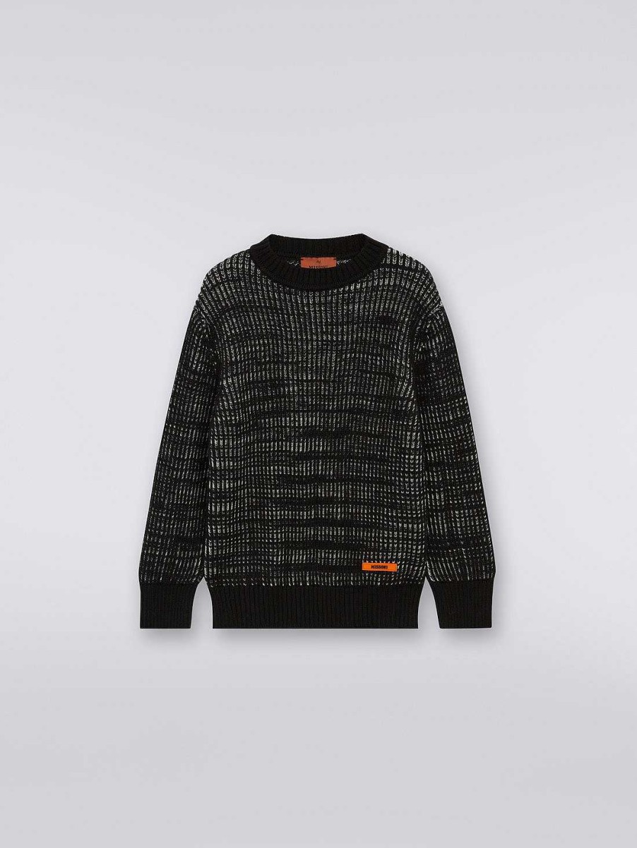 Dreng (4-14 Ar) Missoni | Uldstrikket Pullover Med Rund Hals Sort Hvid