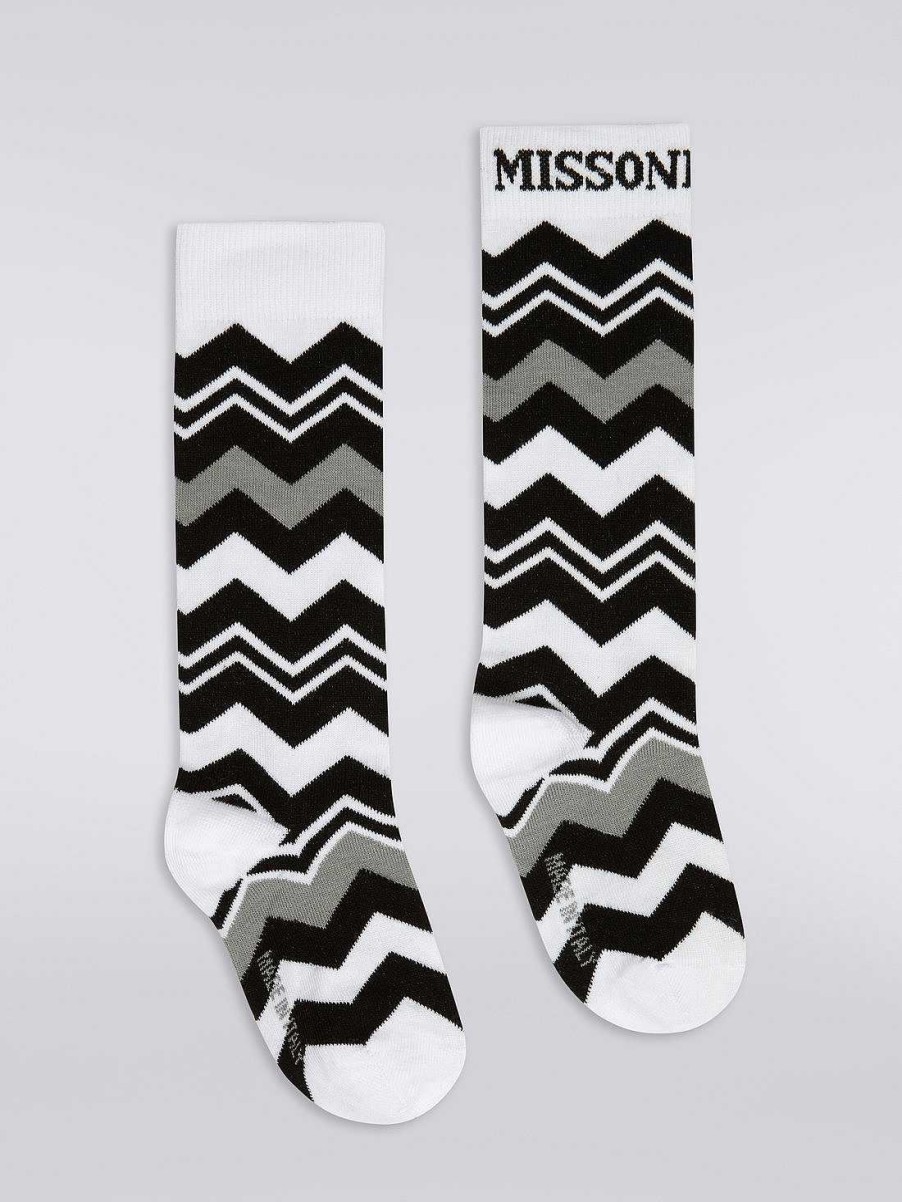 Pige (4-14 Ar) Missoni | Zigzag Stromper I Bomuldsblanding Sort Hvid