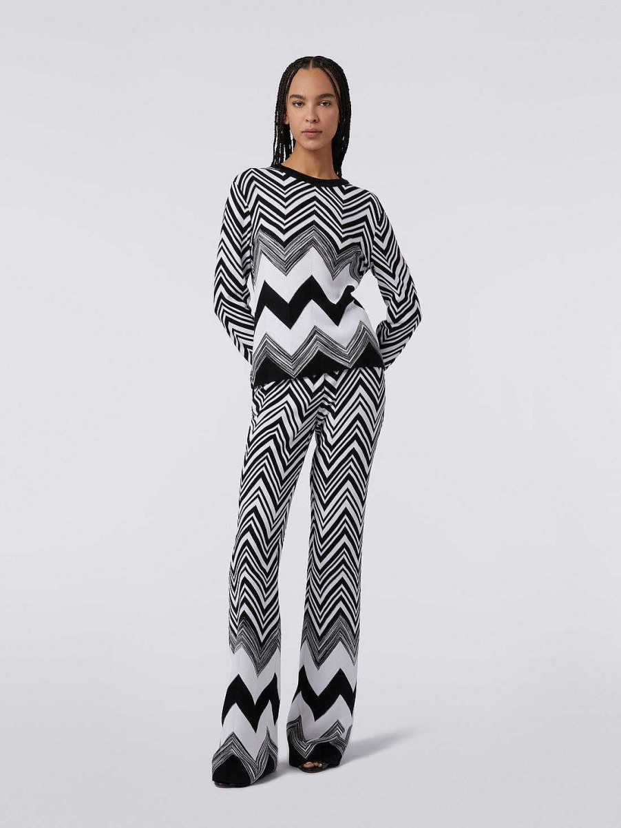 Kvinder Missoni Strik | Sweater Med Rund Hals I Zigzag Bomuldsblanding Sort Hvid