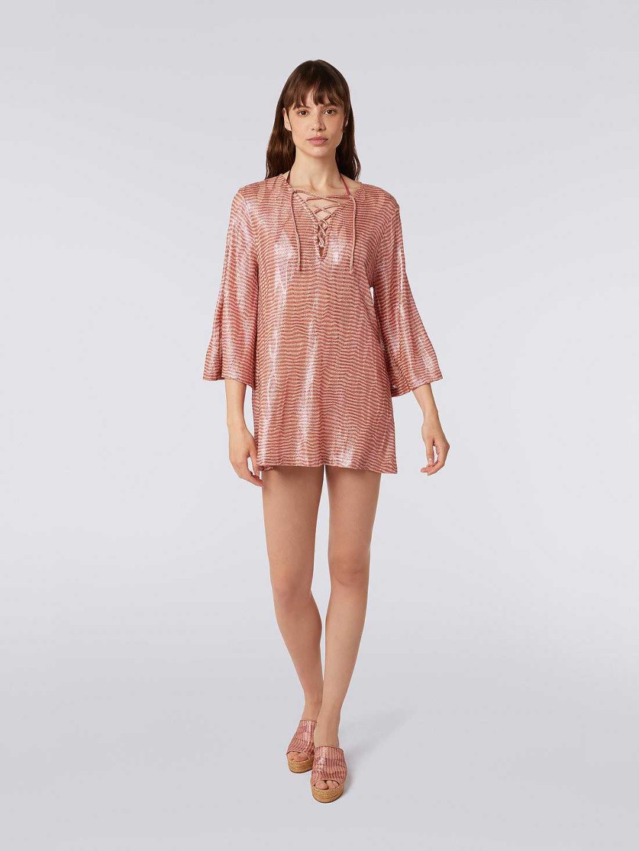 Kvinder Missoni Strandtoj | Kort Jacquard Viskose Jacquard Kaftan Daekke Op Med Bindeband Lyserod