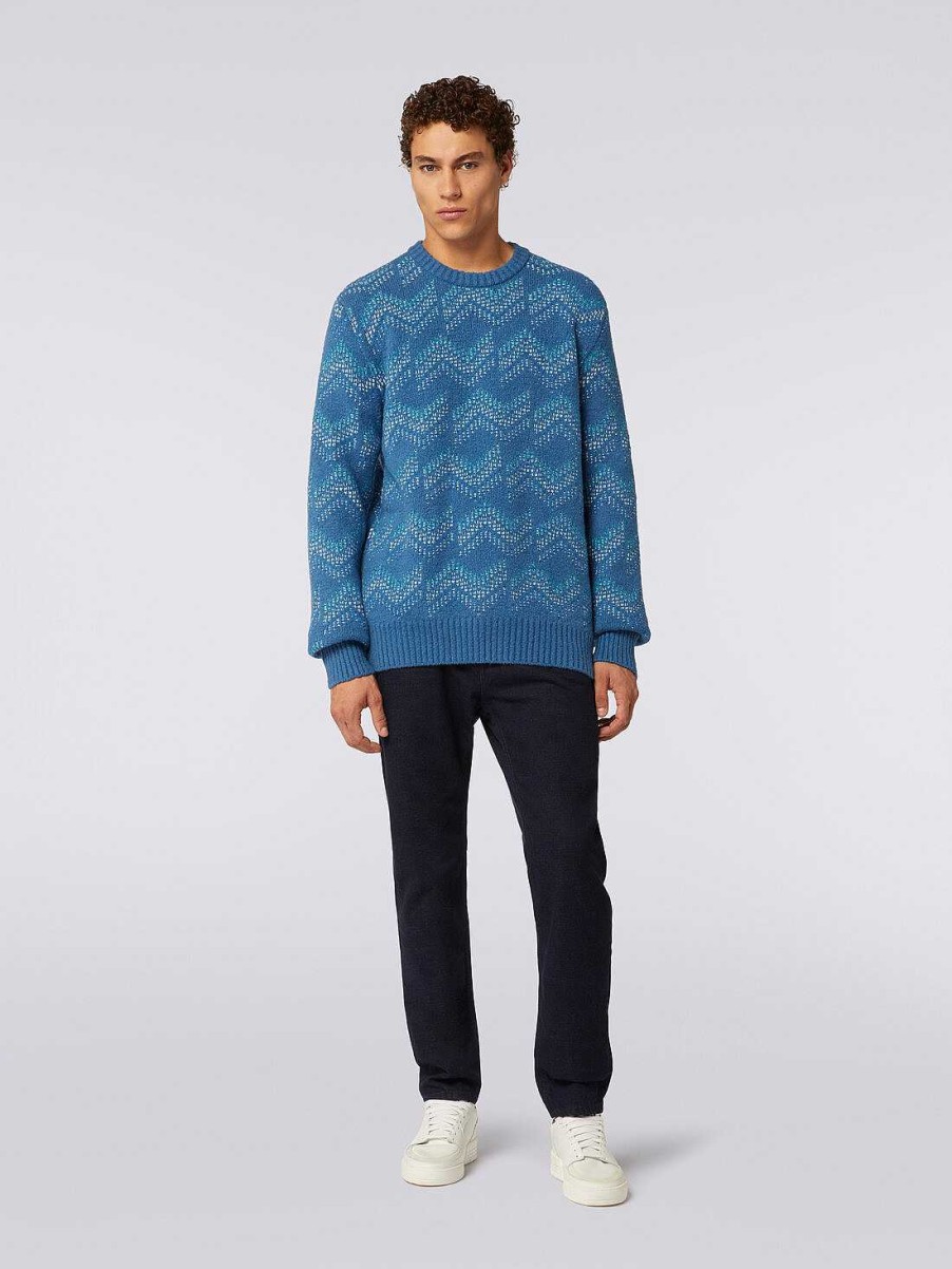 Maend Missoni Strik | Sweater Med Rund Hals I Bomuldsblanding Med Zigzag-Monster Hvid & Marinebla