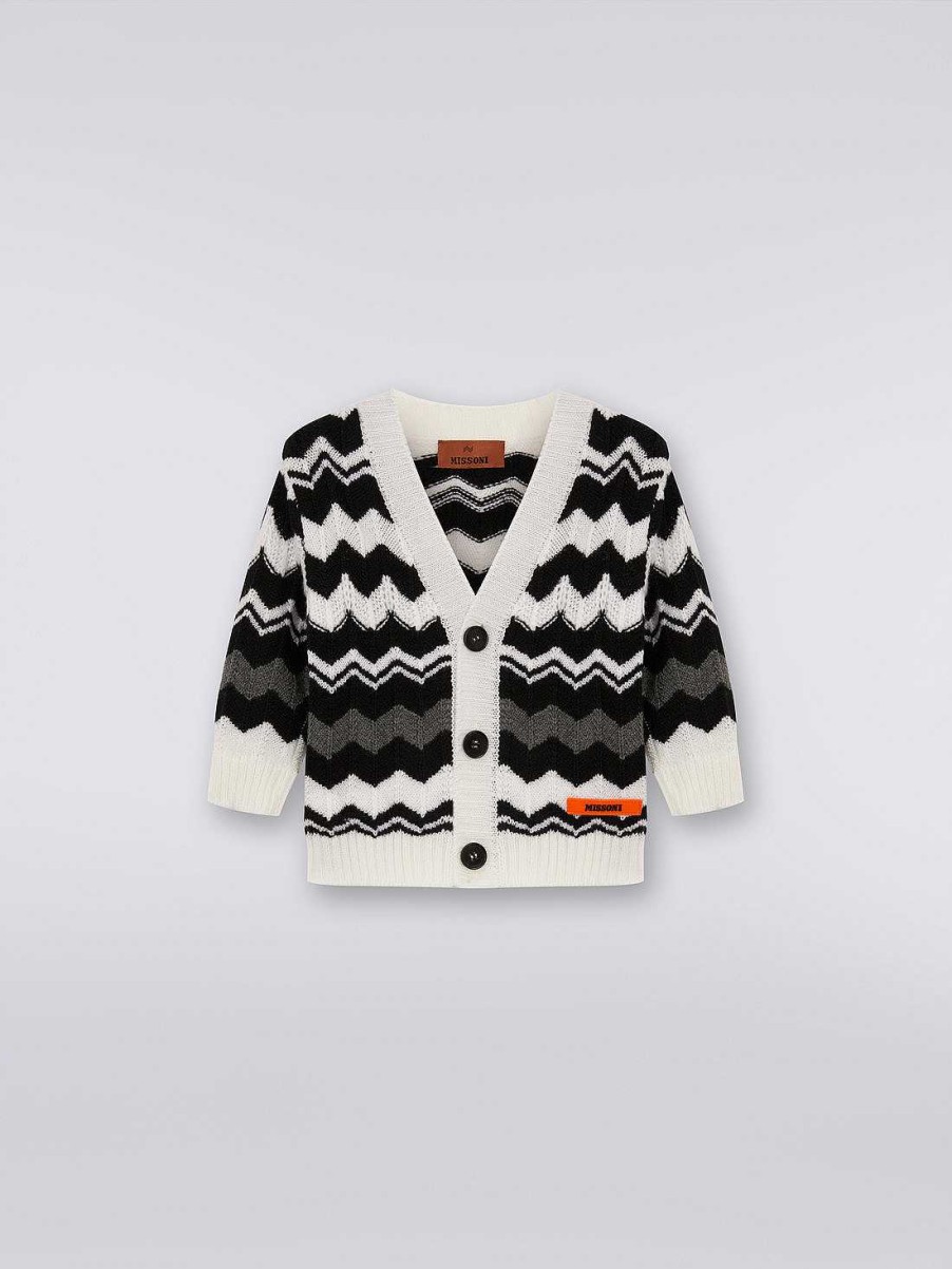 Dreng (4-14 Ar) Missoni | Kort Uldcardigan Med Zigzag Sort Hvid