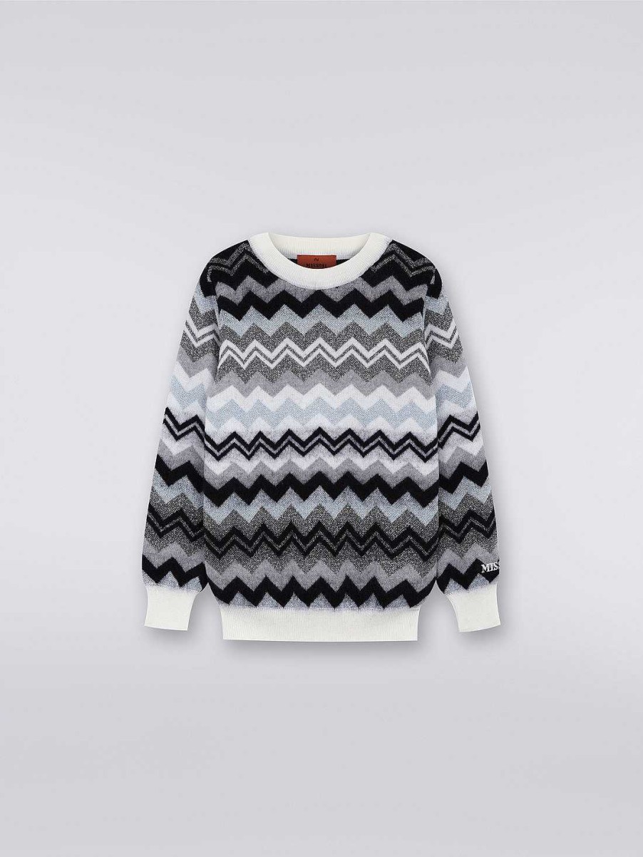 Pige (4-14 Ar) Missoni | Zigzag Uld Pullover Med Rund Hals Sort Hvid