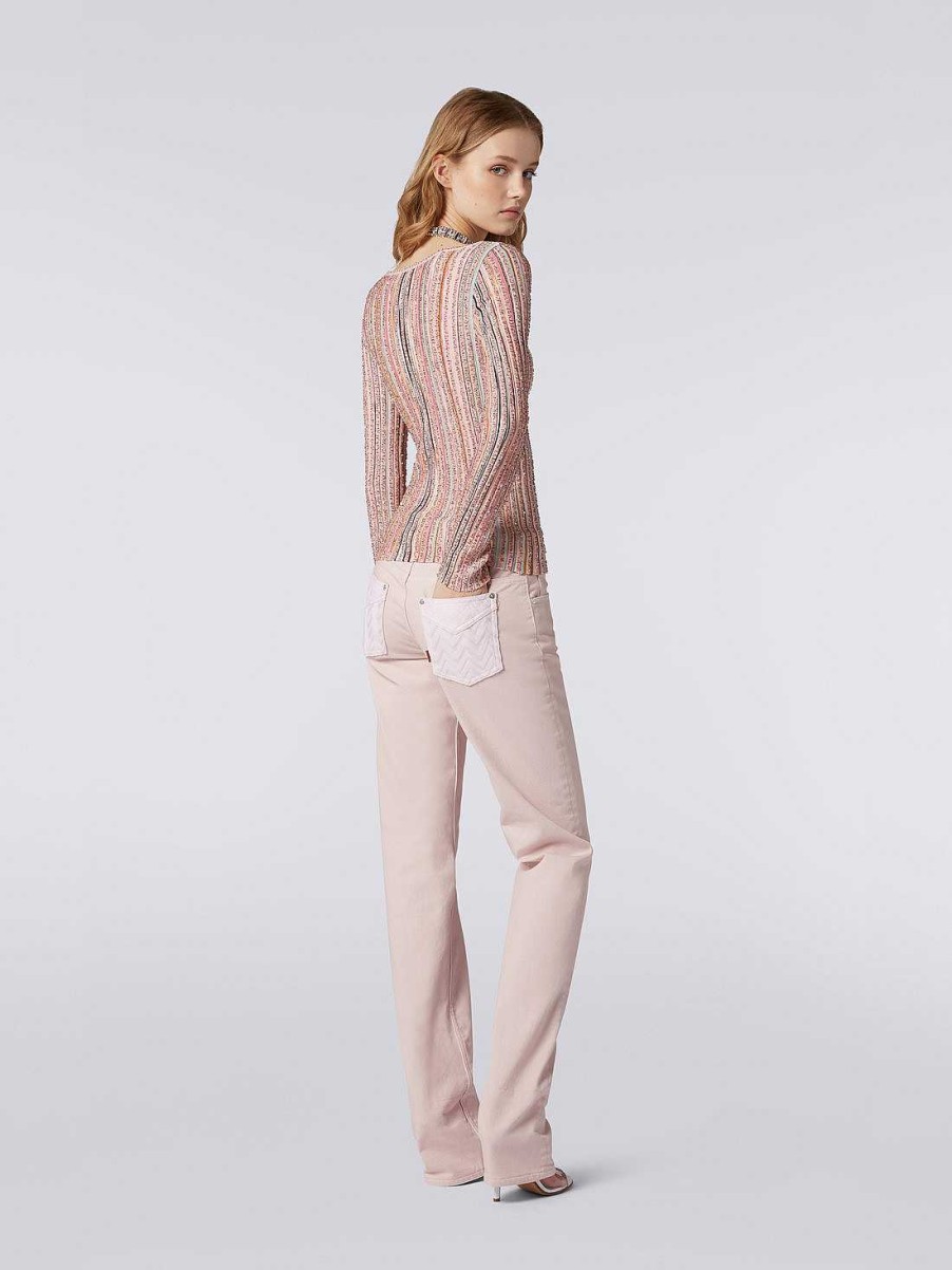 Kvinder Missoni Strik | Langaermet Ribstrikket Sweater Med Pailletter Pink Og Flerfarvet