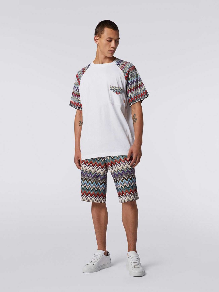 Maend Missoni Poloer Og T-Shirts | T-Shirt Med Rund Hals I Bomuld Med Strikkede Indlaeg Hvid