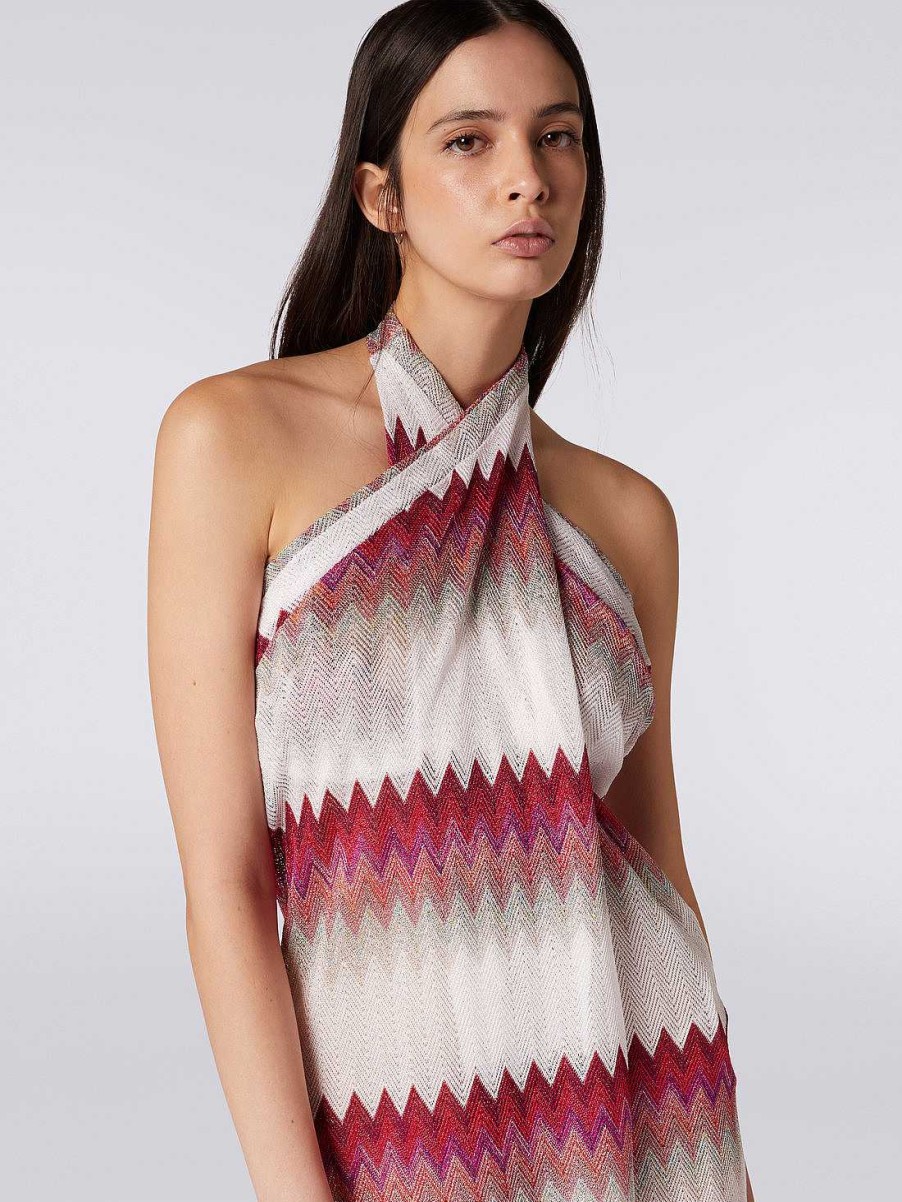 Kvinder Missoni Strandtoj | Sarong Piece Cover Up Kjole Med Lame Zigzag Hvid, Pink & Fuchsia