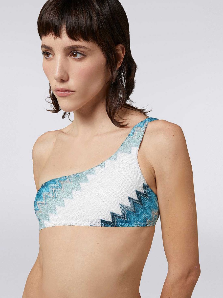 Kvinder Missoni Badetoj | En-Skulder Bikini Med Zigzag Og Lame Hvid, Bla Og Himmelbla