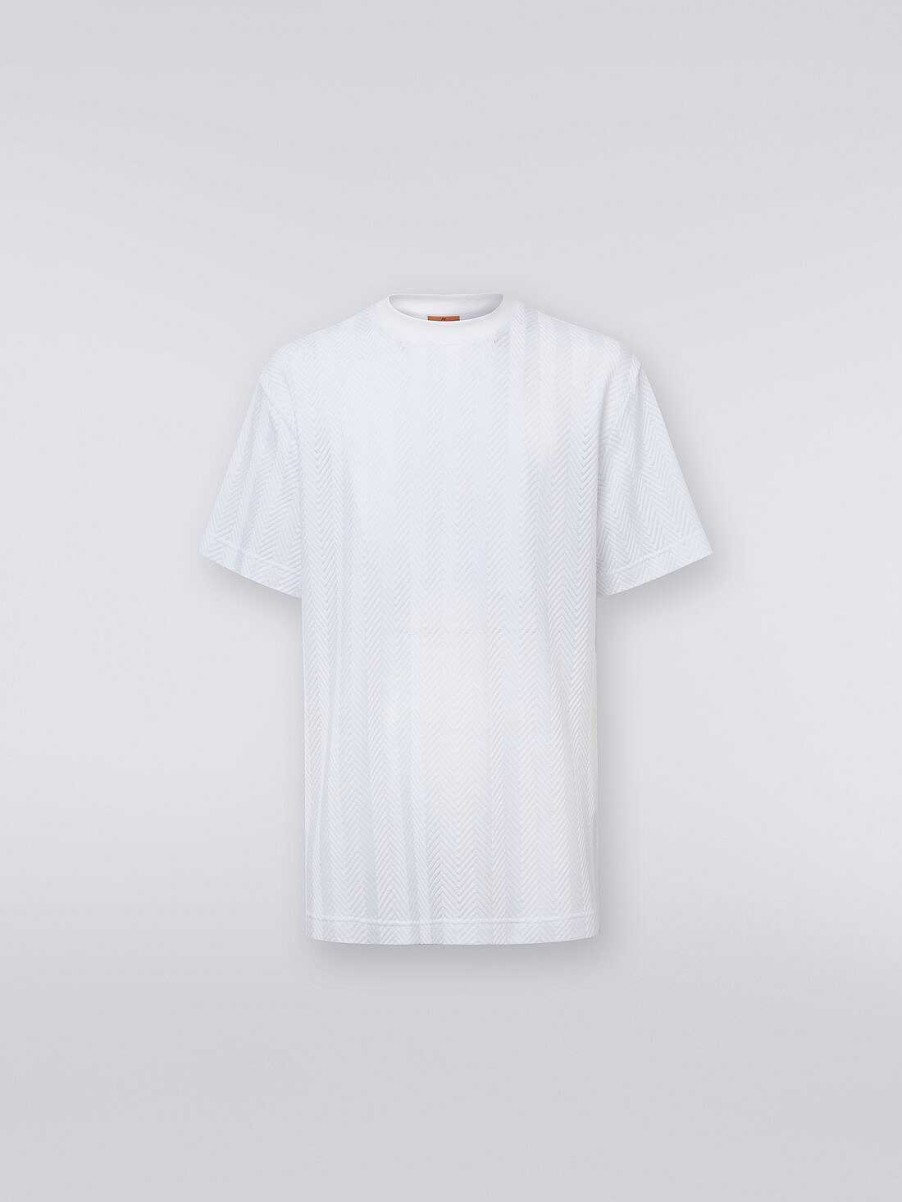 Maend Missoni Poloer Og T-Shirts | T-Shirt Med Rund Hals I Chevron Viskose Og Bomuld Hvid