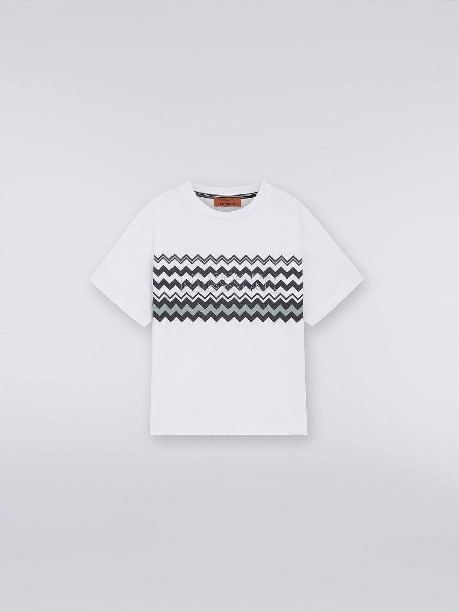 Dreng (4-14 Ar) Missoni | Bomuld T-Shirt Med Zigzag Og Logo Sort Hvid