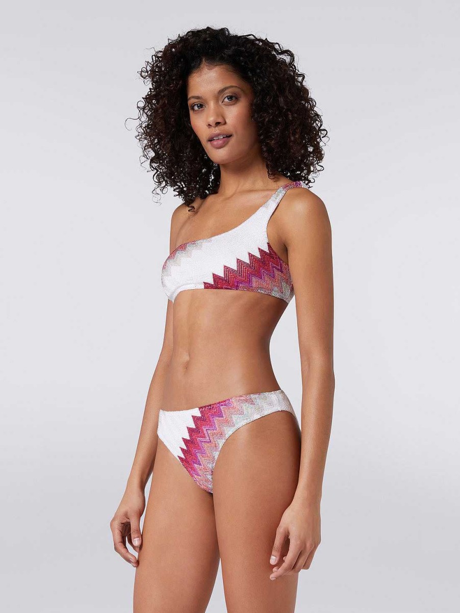 Kvinder Missoni Badetoj | En-Skulder Bikini Med Zigzag Og Lame Hvid, Pink & Fuchsia