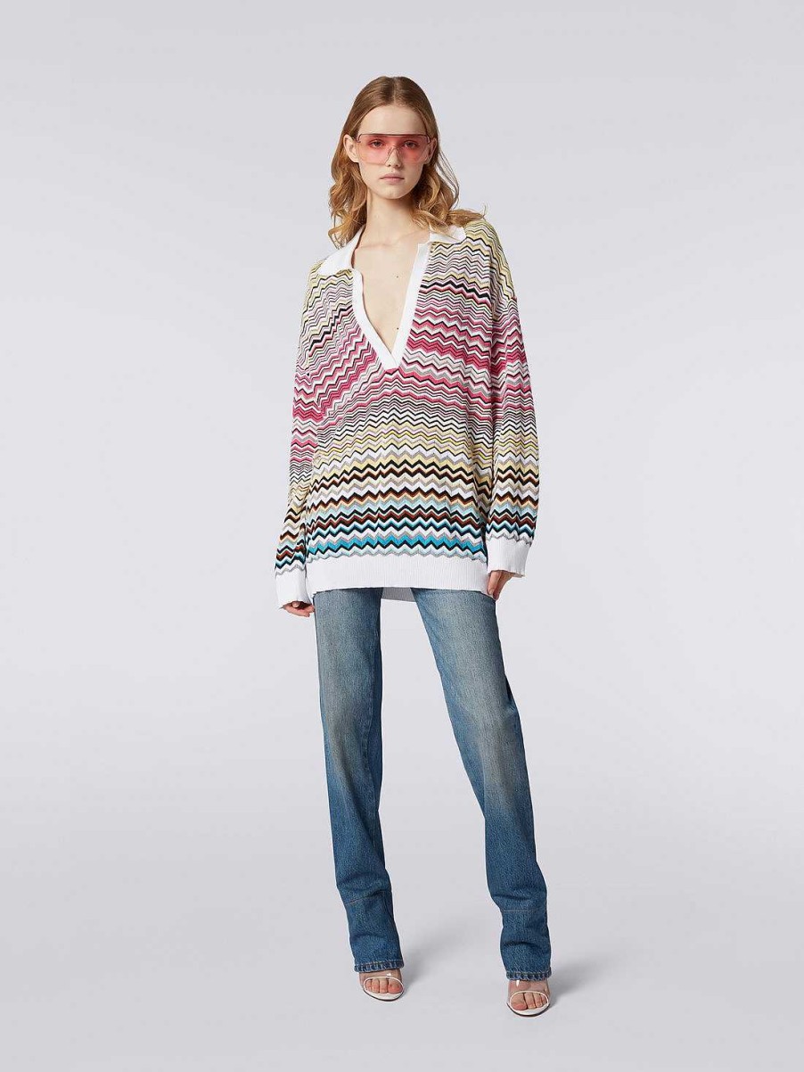 Kvinder Missoni Strik | Langaermet Oversize Poloshirt Med Chevronmonster Flerfarvet