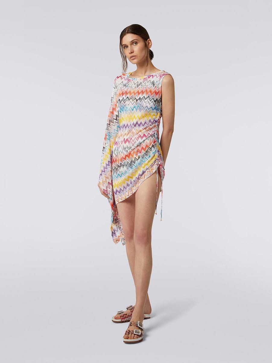 Kvinder Missoni Strandtoj | Kort Asymmetrisk Zigzag Print Daekke Op Med Drapering Flerfarvet