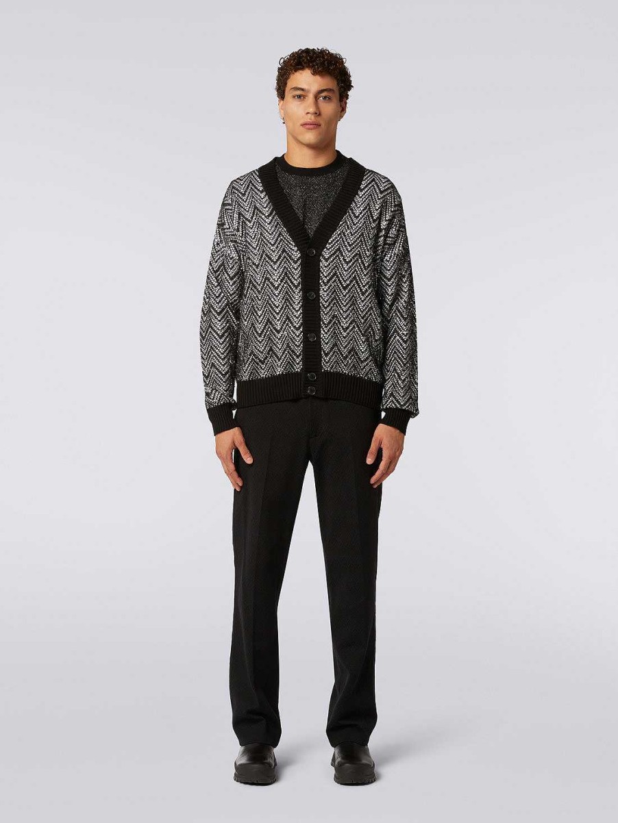 Maend Missoni Strik | Cardigan I Bomuldsblanding Med Pailletter Sort Hvid