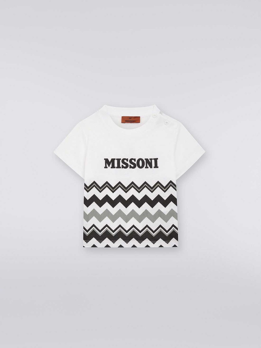 Dreng (4-14 Ar) Missoni | Bomuld T-Shirt Med Zigzag Og Logo Sort Hvid