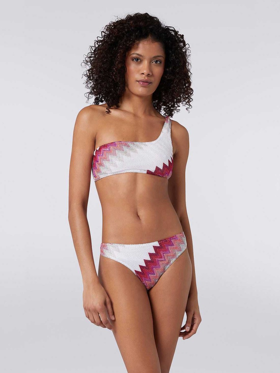 Kvinder Missoni Badetoj | En-Skulder Bikini Med Zigzag Og Lame Hvid, Pink & Fuchsia