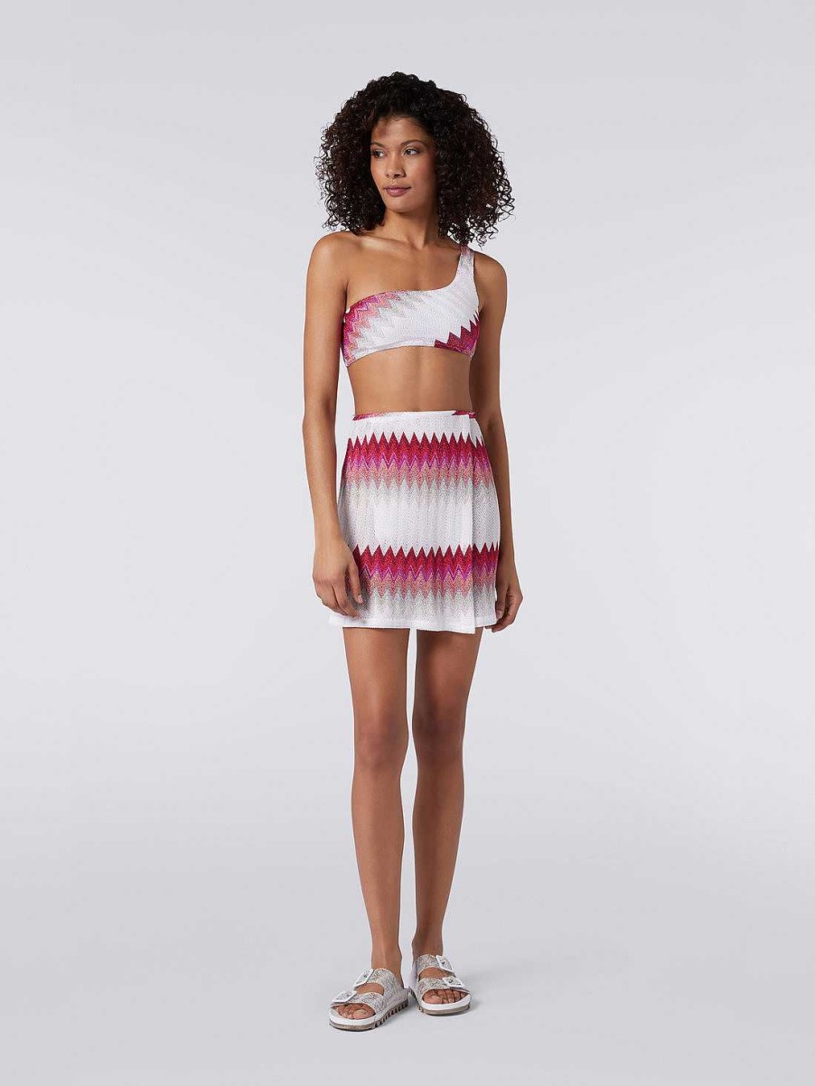 Kvinder Missoni Strandtoj | Sarong Miniskort Daekke Op Med Lame Zigzag Hvid, Pink & Fuchsia