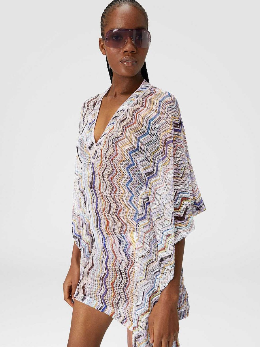 Kvinder Missoni Strandtoj | Kort Overdaekket Kaftan I Zigzag Haekling Med Lurex Flerfarvet