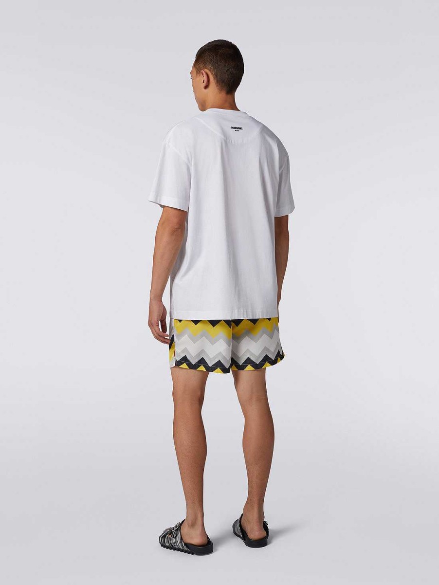 Maend Missoni Poloer Og T-Shirts | Zigzag T-Shirt I Bomuldsjersey Med Rund Hals Hvid, Gul Og Gra