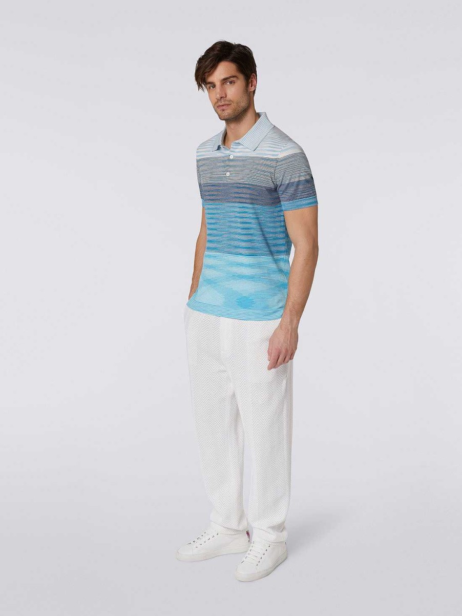 Maend Missoni Poloer Og T-Shirts | Degrade Stribet Kortaermet Poloshirt I Bomuld Hvid & Lysebla