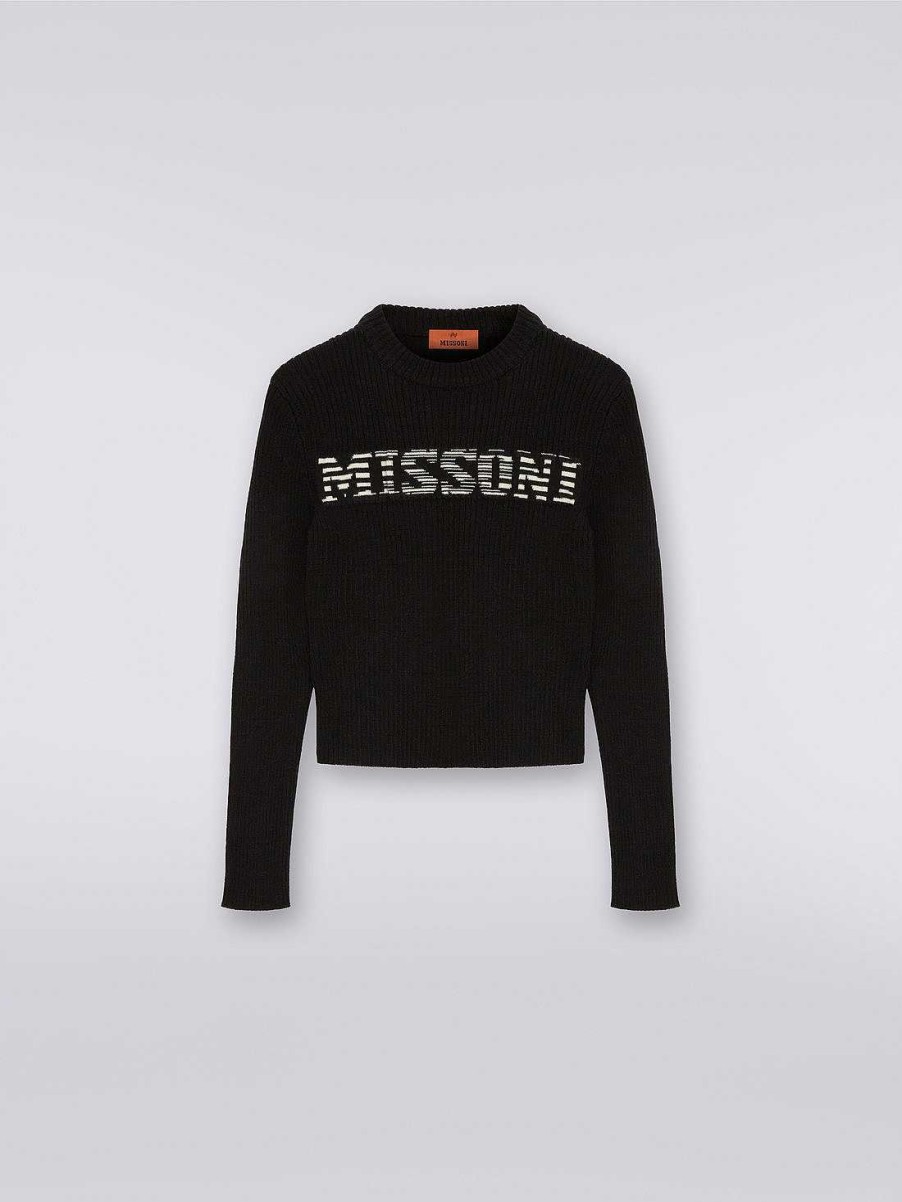 Pige (4-14 Ar) Missoni | Uldstrikket Pullover Med Rund Hals Og Slub-Logo Sort Hvid