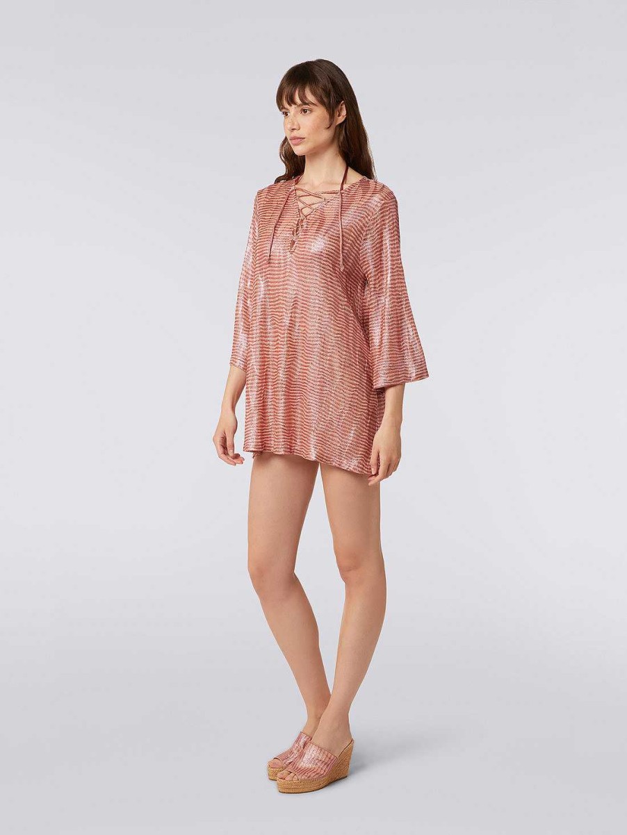 Kvinder Missoni Strandtoj | Kort Jacquard Viskose Jacquard Kaftan Daekke Op Med Bindeband Lyserod