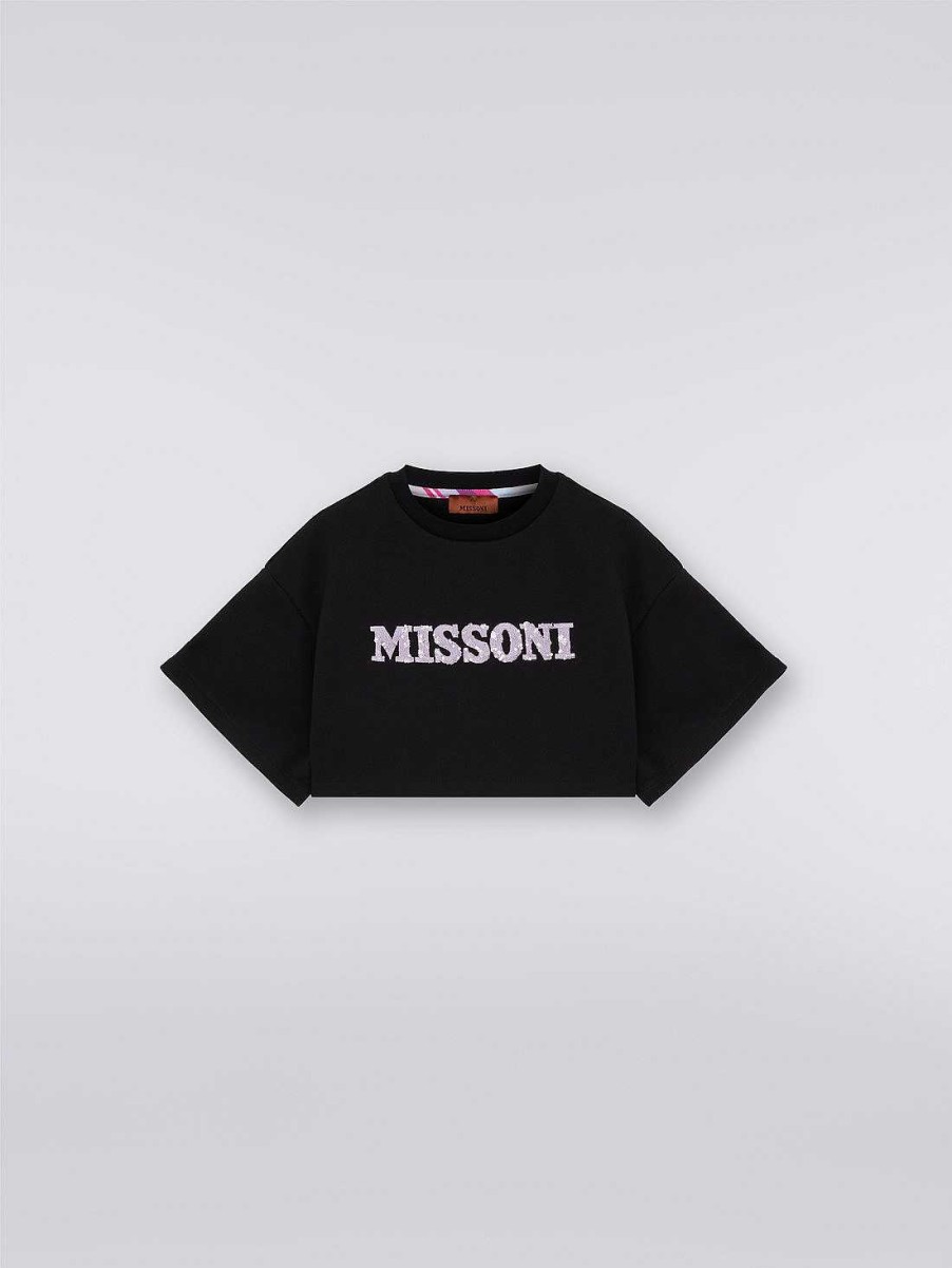 Pige (4-14 Ar) Missoni | Oversized Cropped Bomuld T-Shirt Med Pailletter Logo Sort