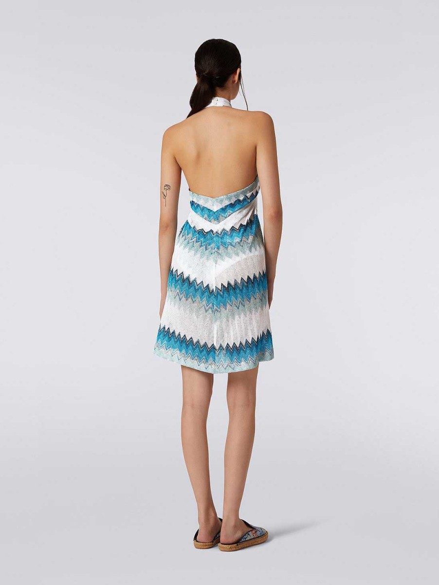 Kvinder Missoni Strandtoj | Sarong Piece Cover Up Kjole Med Lame Zigzag Hvid, Bla Og Himmelbla