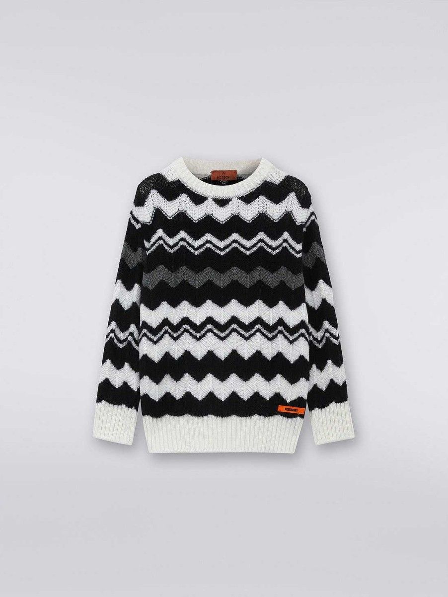 Pige (4-14 Ar) Missoni | Zigzag Uld Sweater Med Rund Hals Sort Hvid