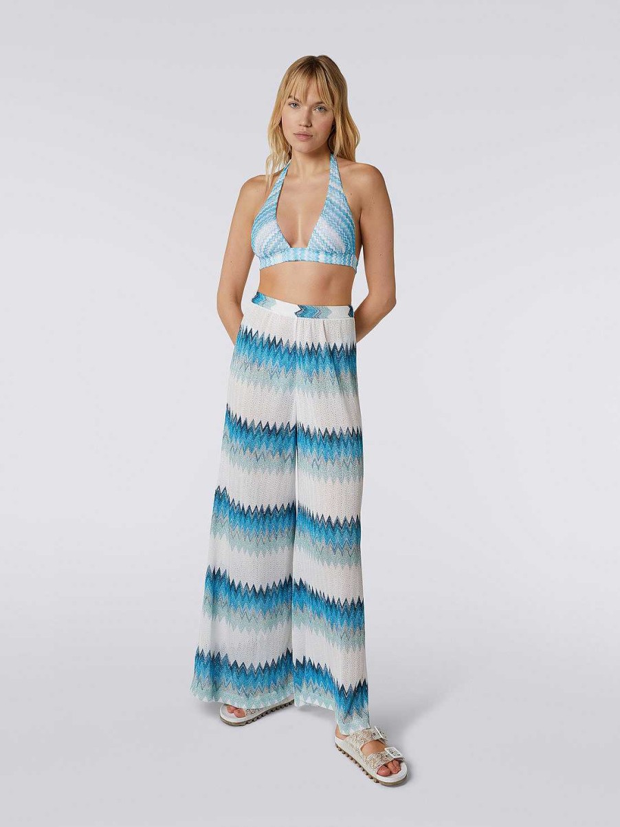 Kvinder Missoni Strandtoj | Zigzag Lame Palazzo Cover Up Bukser Hvid, Bla Og Himmelbla