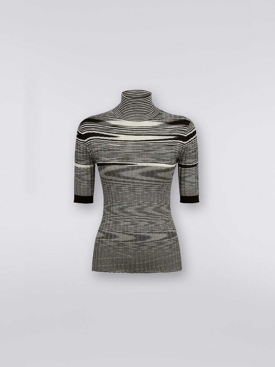 Kvinder Missoni T-Shirts Og Toppe | Ribbet Pullover Med Hoj Hals I Kashmir Og Silke Sort Hvid