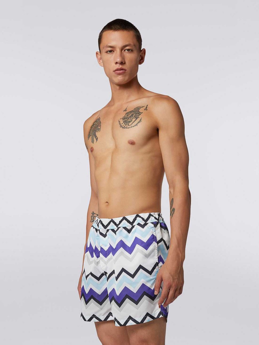 Maend Missoni Badebukser | Badebukser I Nylonblanding Med Stort Zigzag-Print Bla, Gra & Hvid