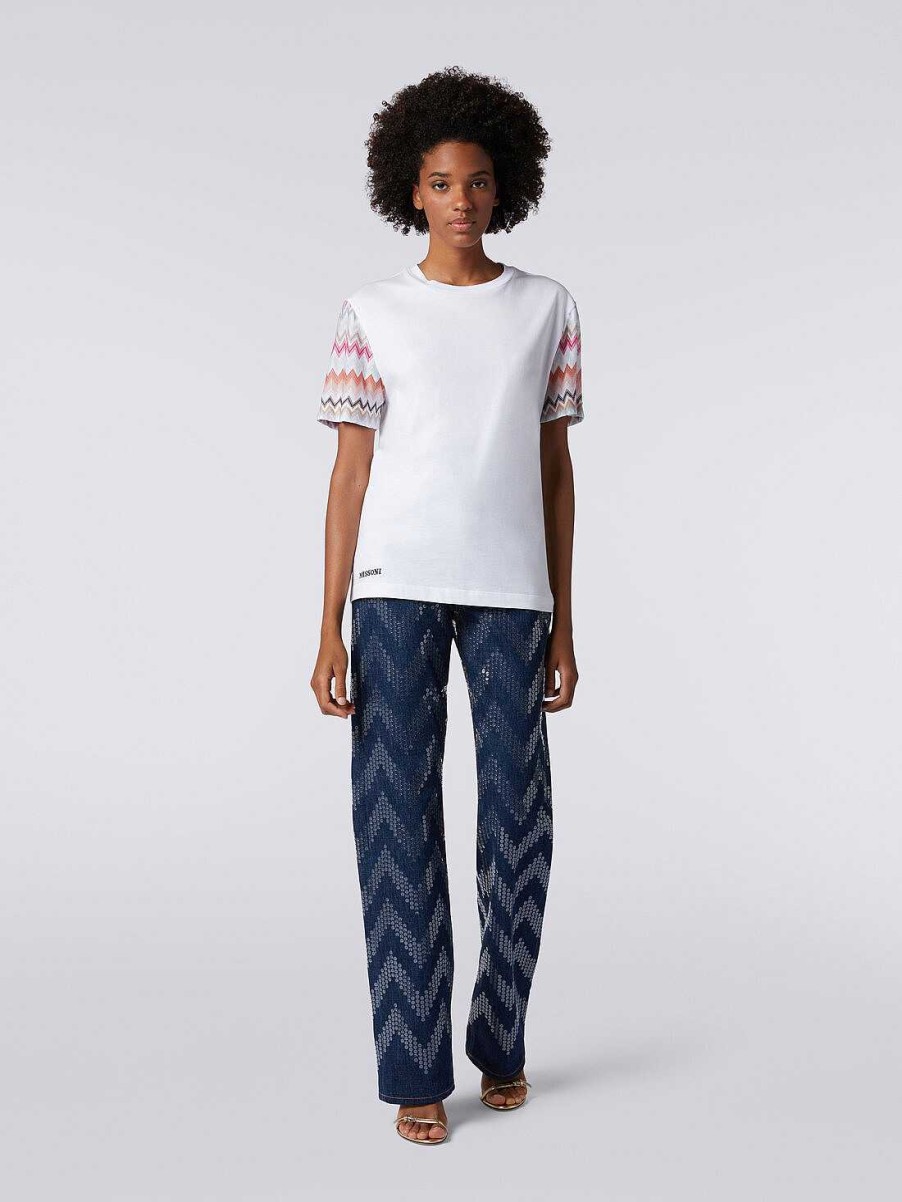 Kvinder Missoni T-Shirts Og Toppe | T-Shirt Med Rund Hals I Bomuld Med Zigzag-Indlaeg Flerfarvet