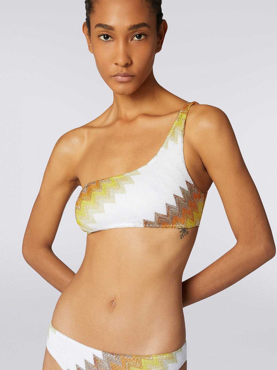 Kvinder Missoni Badetoj | En-Skulder Bikini Med Zigzag Og Lame Hvid, Gul & Okker