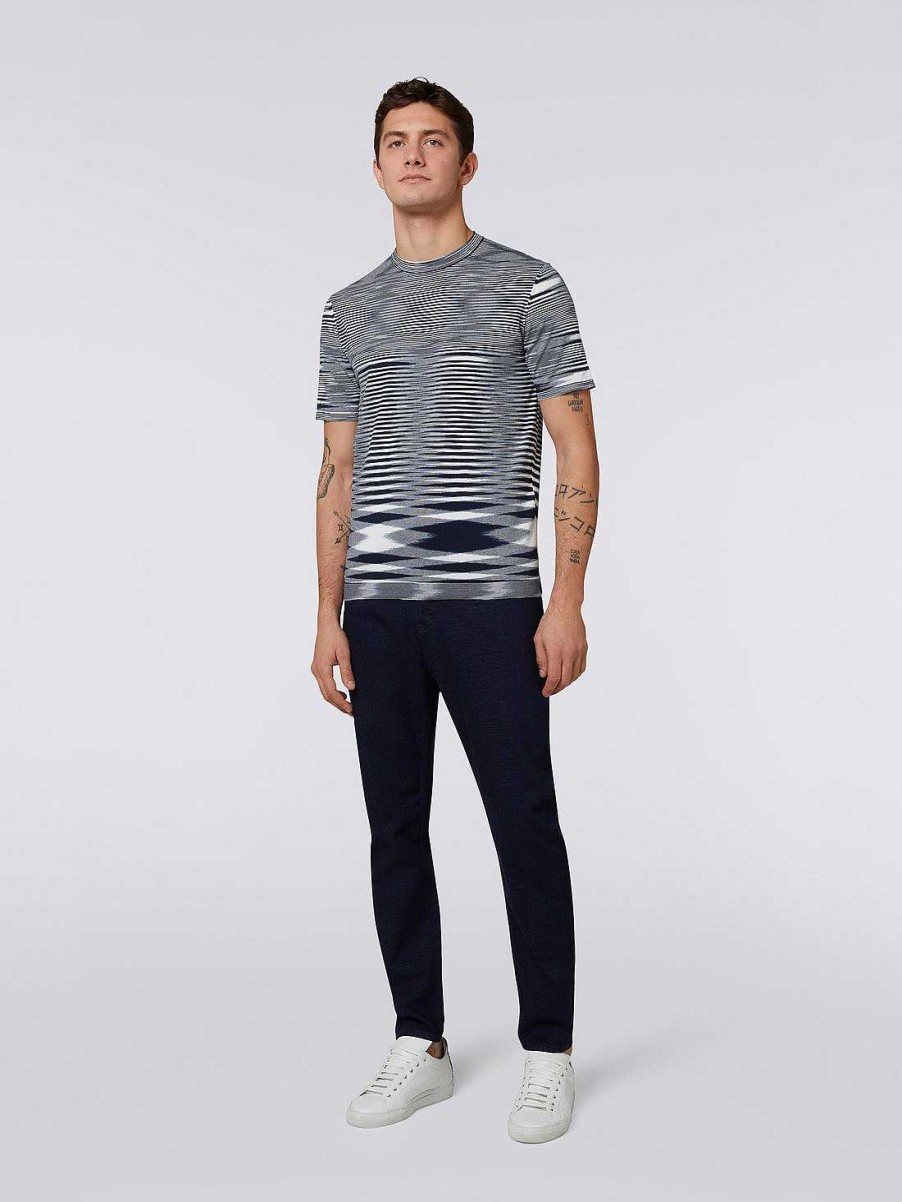 Maend Missoni Poloer Og T-Shirts | T-Shirt Med Rund Hals I Bomuld Hvid & Marinebla