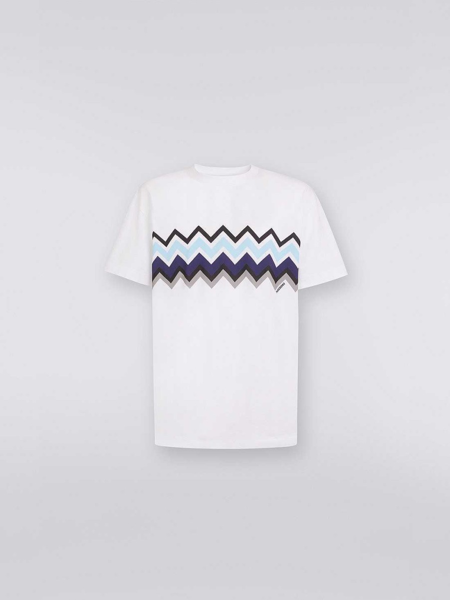 Maend Missoni Poloer Og T-Shirts | Zigzag T-Shirt I Bomuldsjersey Med Rund Hals Hvid, Sort & Bla