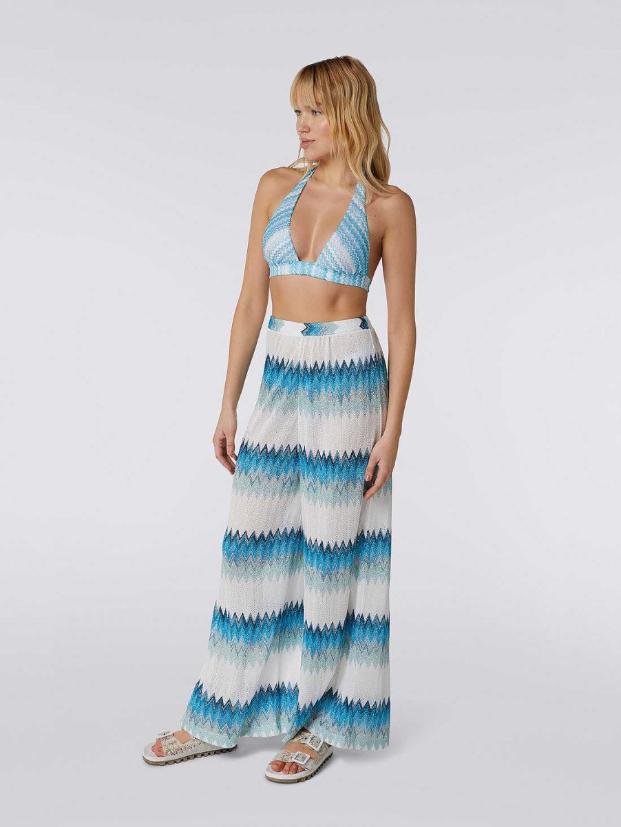 Kvinder Missoni Strandtoj | Zigzag Lame Palazzo Cover Up Bukser Hvid, Bla Og Himmelbla