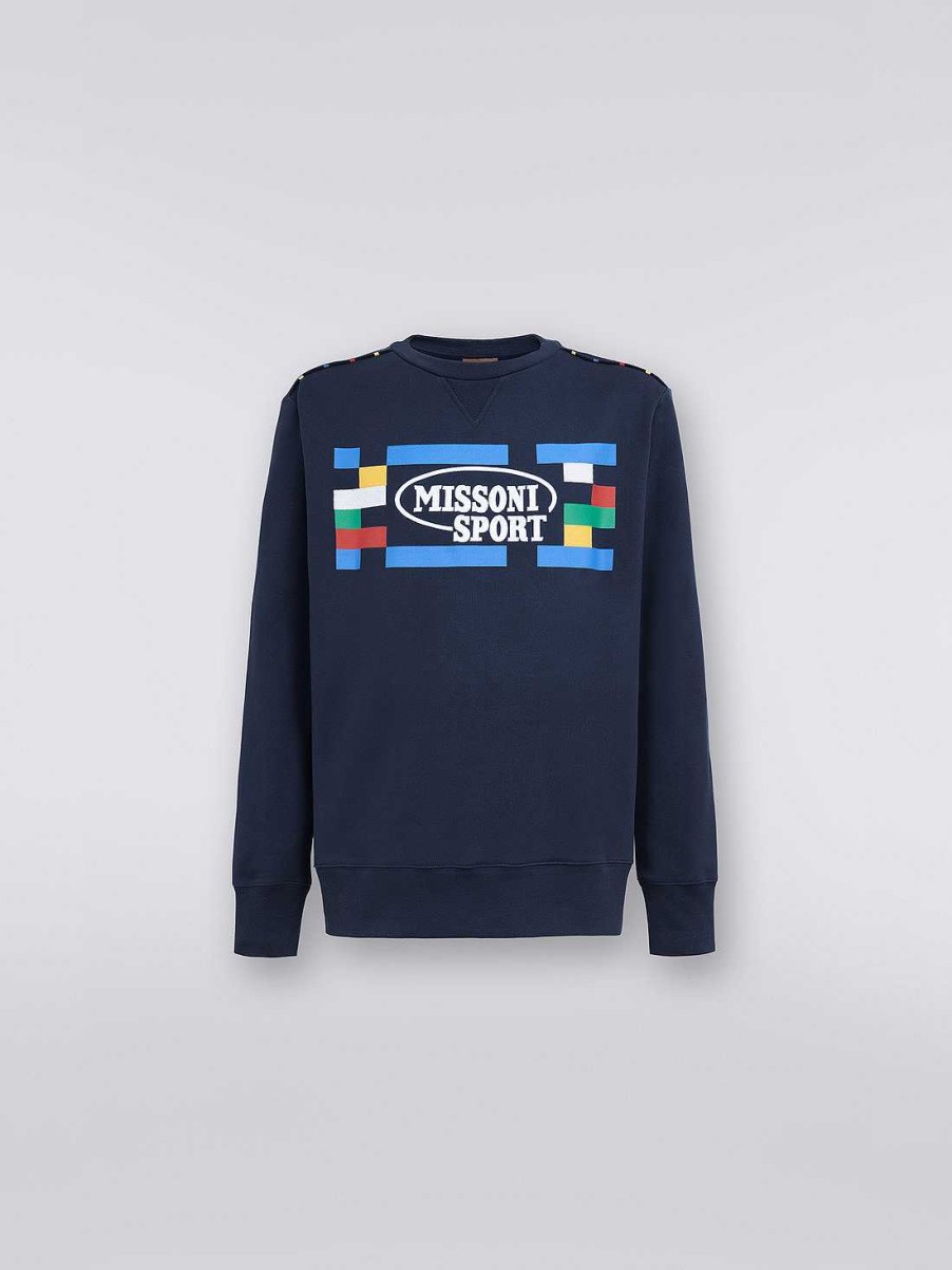 Maend Missoni Toj | Sweatshirt I Bomuld Med Rund Hals, Legacy-Logo Og Strikkede Kanter Marine Bla