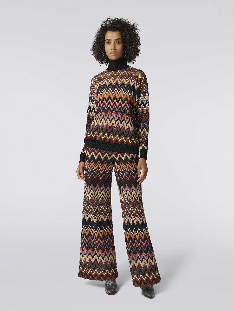 Kvinder Missoni Strik | Oversized Uldblanding Chevron Pullover Med Hoj Hals Flerfarvet